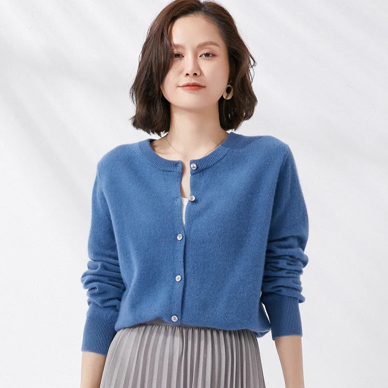 Full Wool Spring and Autumn Thin Wool Knitted Women's Cardigan Long Sleeve Solid Color Base Sweater Coat in Stock