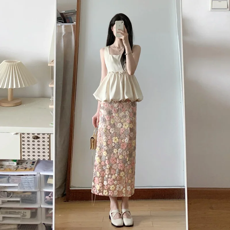 

Fashionable Two-Piece Set Short Sleeve Satin Vest Top And Sequin Half Skirt Gentle Style Cotton Universal Fit for Women