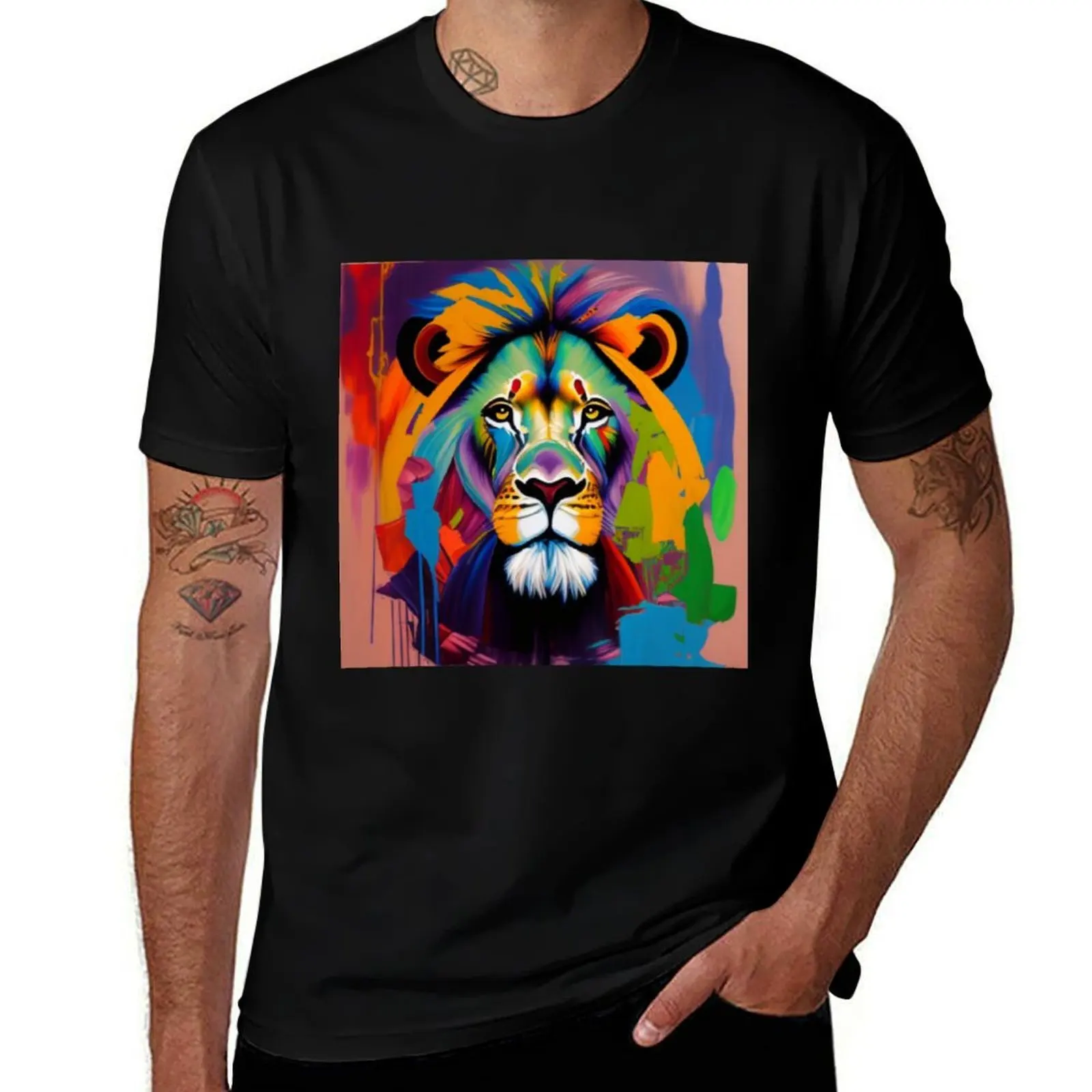 Lions Oil Paint Majestic and Magnificent Face T-Shirt Work Outdoor T-Shirt for Men