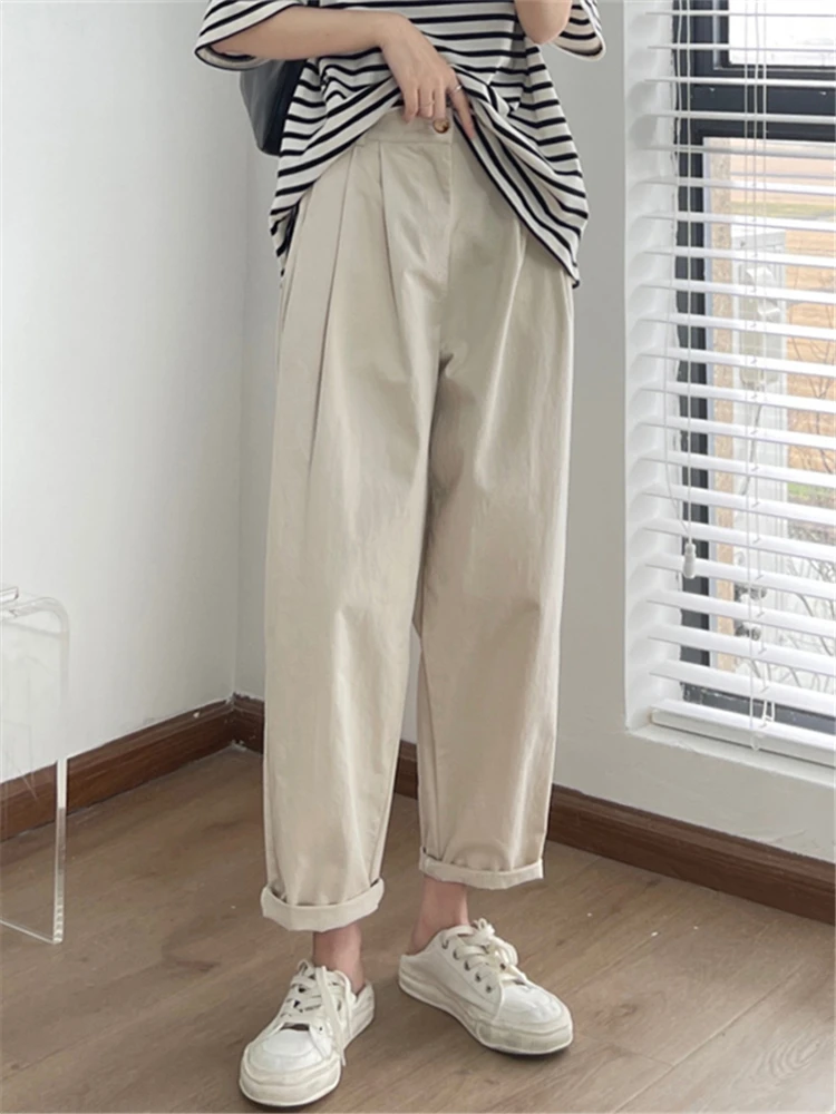 REALEFT Cotton Casual Loose Women's Wide Leg Cargo Pants 2022 New Spring Summer High Waist Pockets Trouses Female Pants