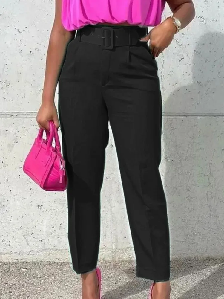 Business Pencil Pants Women Fashion 2025 Spring Summer Solid Casual High Waist Cropped Pant Office Lady Pocket Trouser With Belt