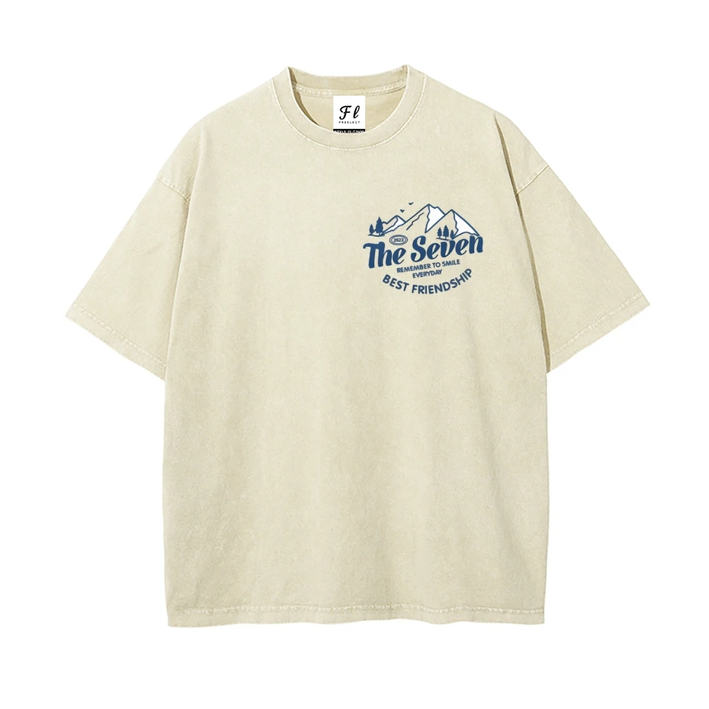 클래식 헤비 코튼 티셔츠, 이중 스티치 강화 넥, 내구성 있는 워싱 마감, 캐주얼 베이직 빈티지 워싱 크루넥, 두꺼운 소재