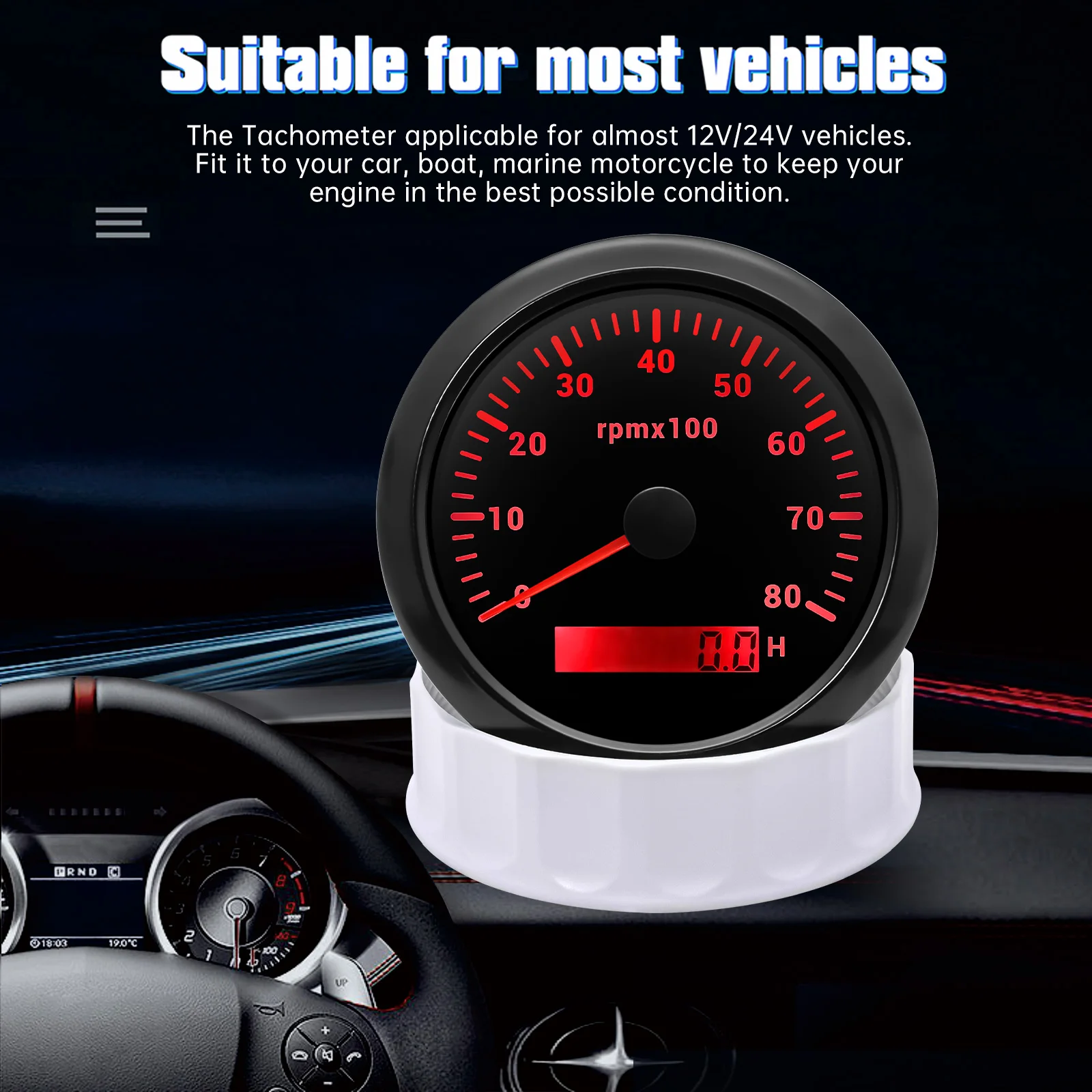 Tacómetro para motor diésel de 85 mm con horómetro LCD, retroiluminación de 7 colores, medidor de velocidad de 3000 a 8000 RPM para embarcaciones, coches, 12V/24V