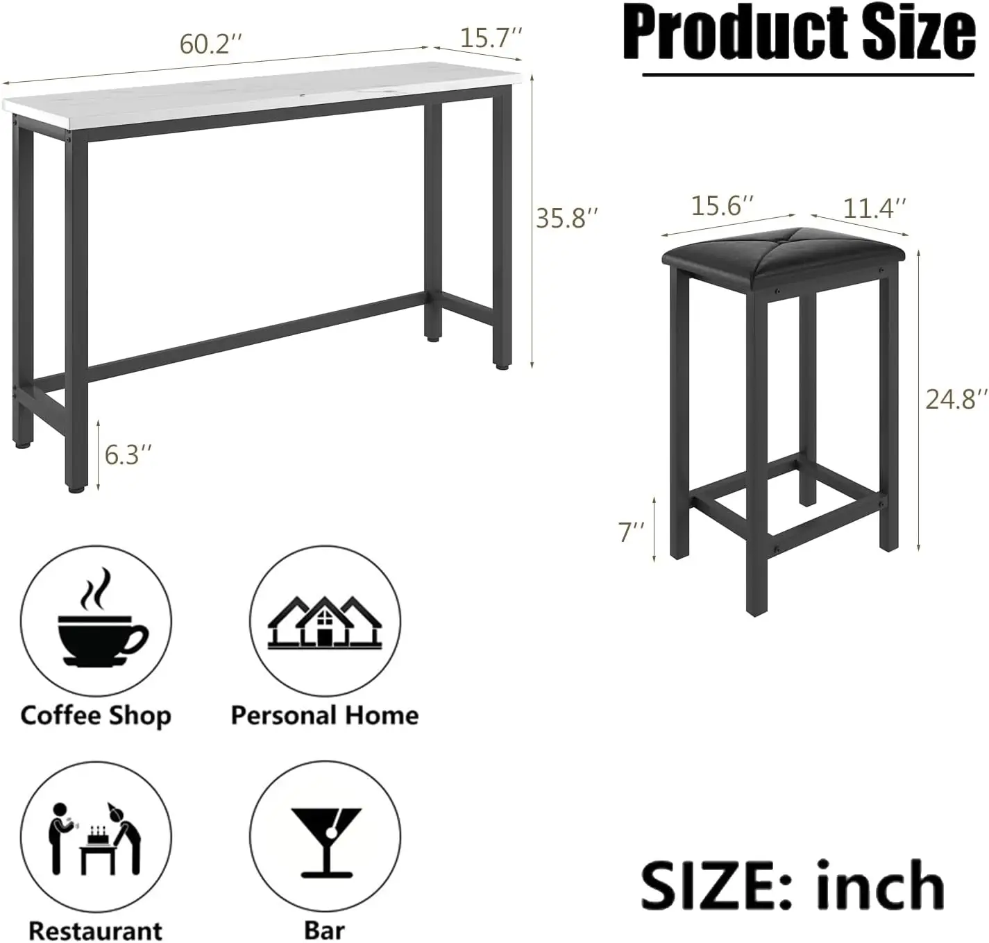 Table Set with 3 Stools,Counter Height Long Bar Table,Strong Metal Frame,Upholstered Stools,Easy Assembly,Modern Style,Suita