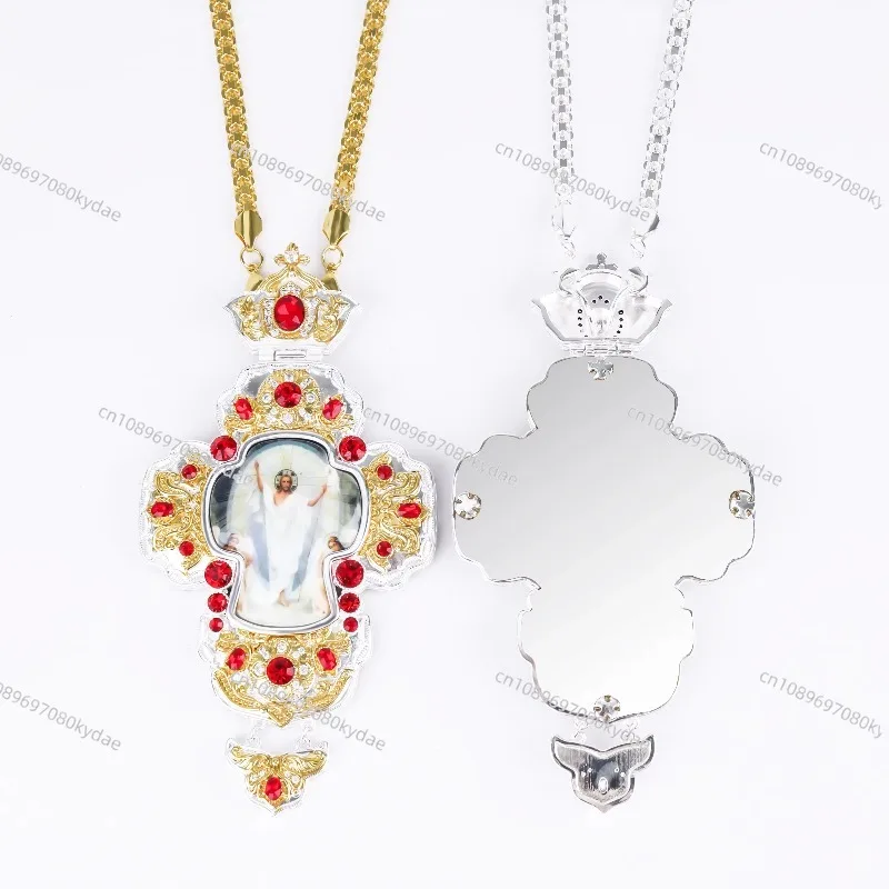

Cross brass necklace, gold and silver plated, slightly zircon colored