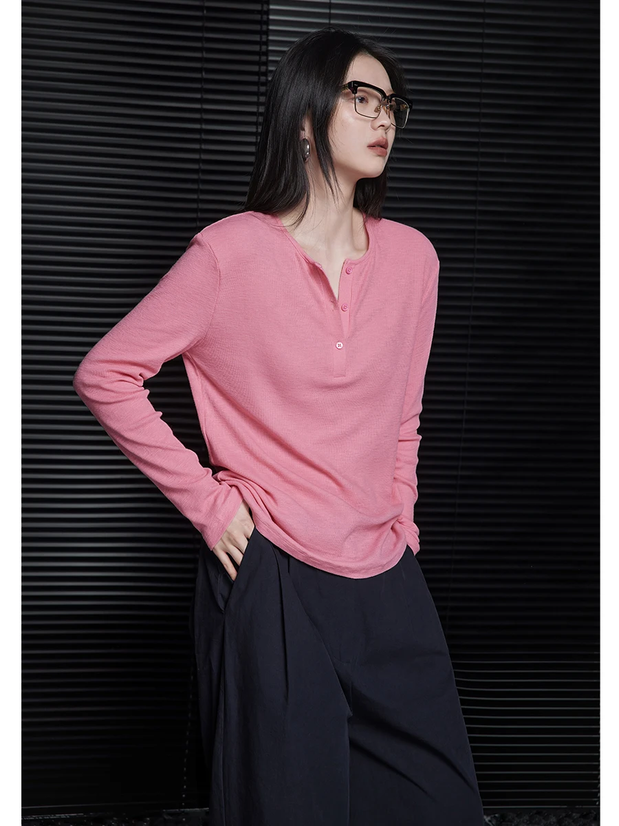 

Ele Pink Long Sve Knitted T-irt Women's Base Layer irt Design Sensation Street Sle Slim Fit Early Autumn Base irt