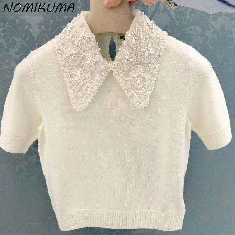 Nomikuma Fashion Beads Sweet Girls Knitwear 2024 Spring Summer New Knitted Tops Korean Chic  Elegant Pullover Sweaters Mujer