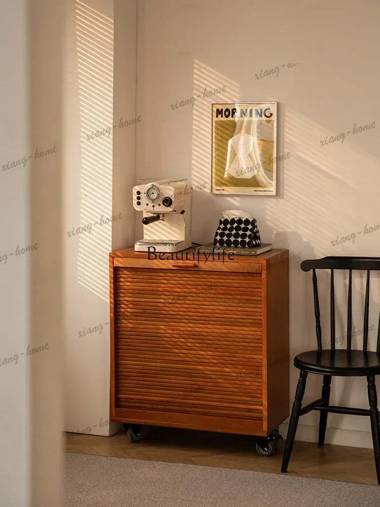 Medieval Solid Wood Dining Side Cabinet, Retro Household Roller Shutter Storage, Movable Side Cabinet Customizable