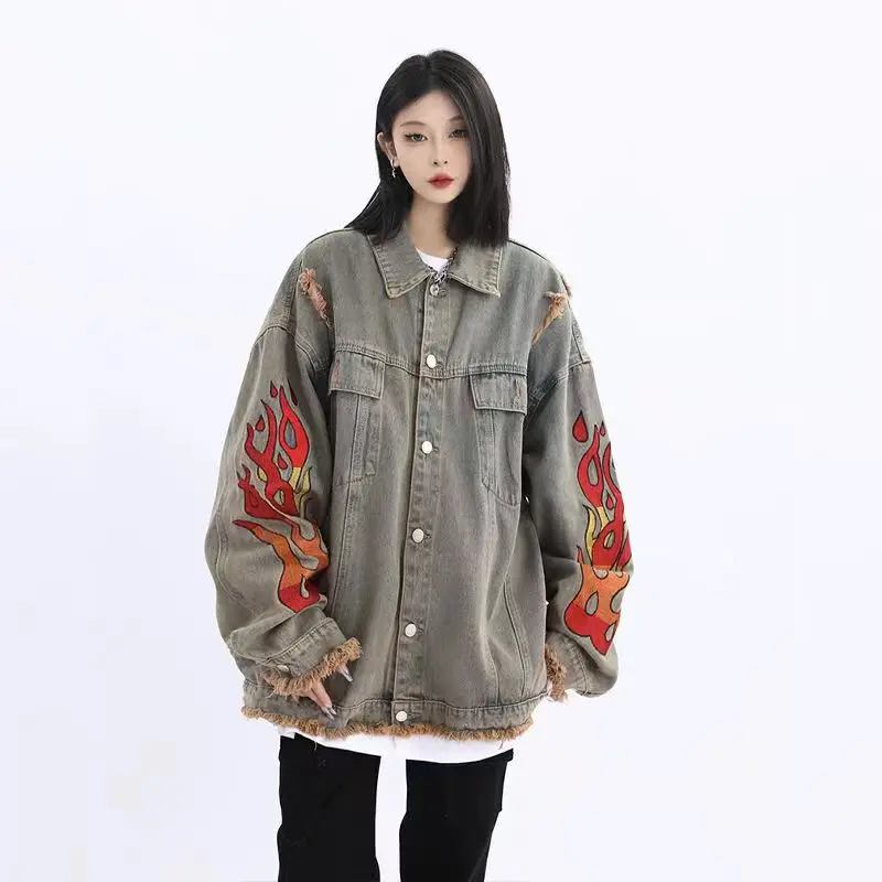 

Fashion Flame Embroidery Letter Print Denim Jacket Coat Women Harajuku Trend Vintage Washed Hole Jean Jackets Outerwear