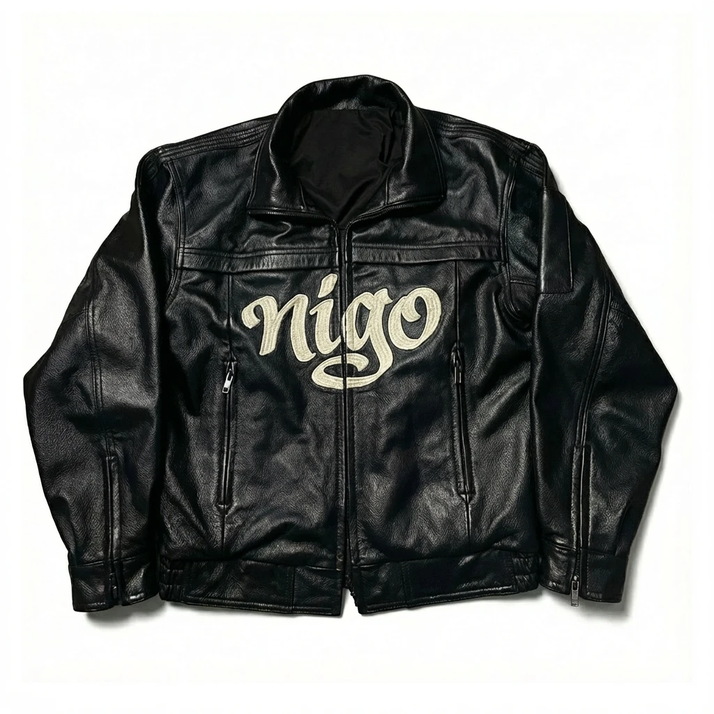 

NIGO Men's Black Leather Jacket Zipper Front Stand Collar Smooth Fabric Comfort Fit Casual Hangouts Daily Wear #NIGO9536Z