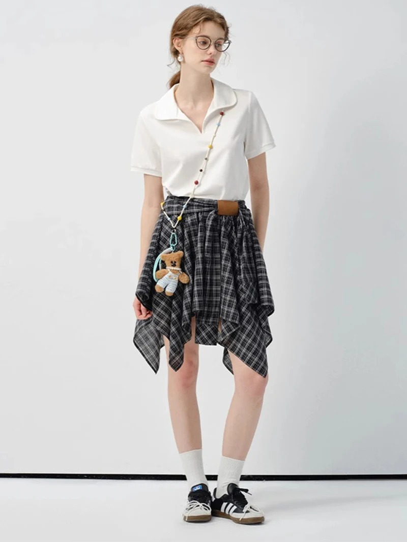 Cheerart xadrez saias de verão para mulher cintura alta assimétrica curto mini saias escola adolescente roupas da menina