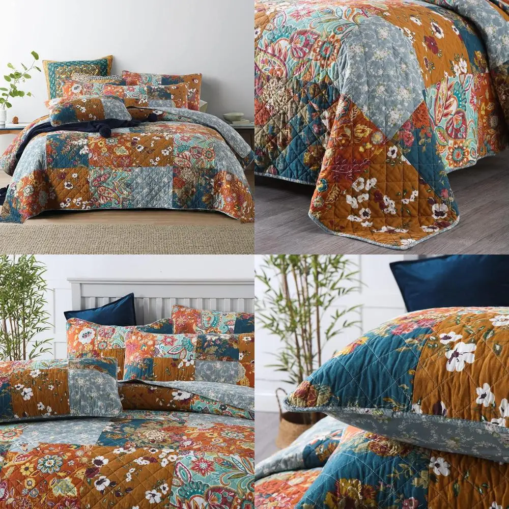 

Reversible Cotton Paisley Floral Vintage Yellow Blue 3-Piece Bedspread Quilt Coverlet Set