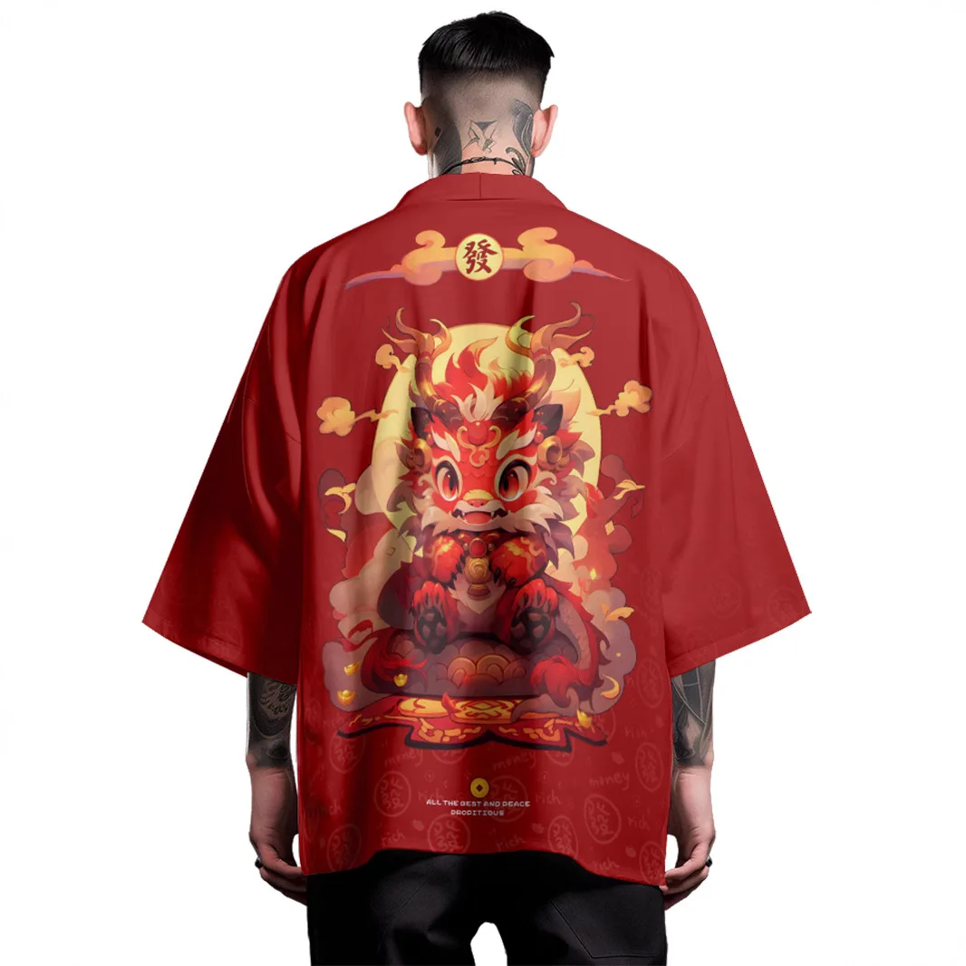 سترة صيفية فضفاضة على الموضة اليابانية الكرتونية التنين كيمونو ملابس الشارع الشهير رداء النساء والرجال هاوري توب يوكاتا