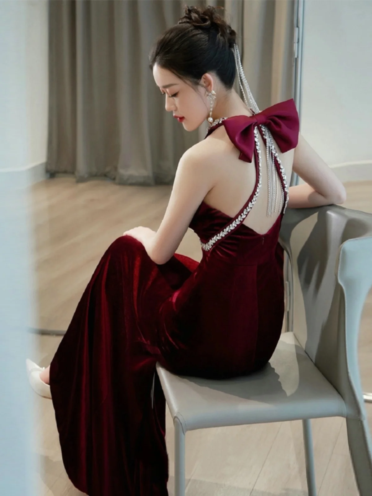 

Элегантное красное бархатное вечернее платье с акриловыми стразами, приталенное, с молнией сзади, для женщин