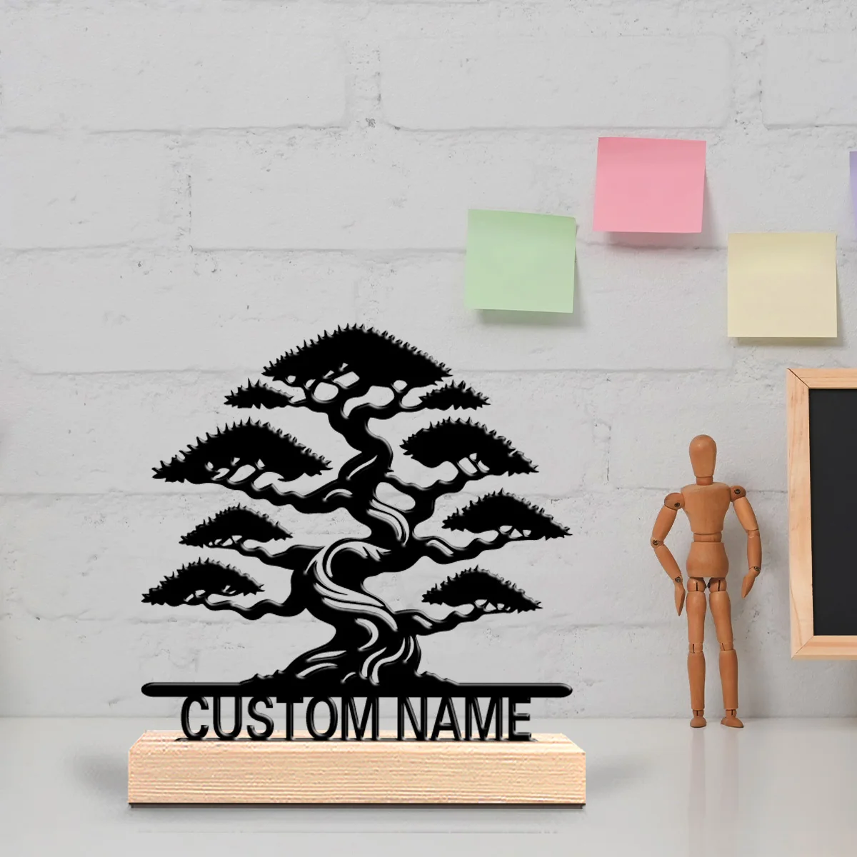1 pièce Statue en étain personnalisée avec lettre et arbre abstrait, artisanat avec base en bois, sculpture en métal avec base en bois pour cadeaux d'enfants
