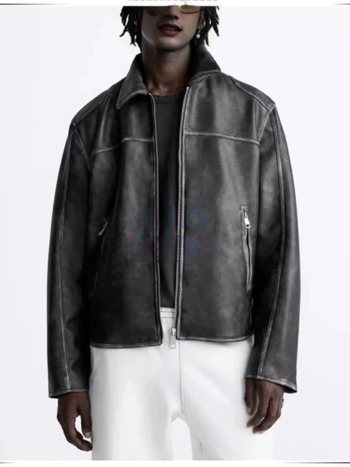 

Retro Waed Men's Biker Jaet Fake Leather Collar Stand up Coat Autumn Youth Faion Loose Fit Regular Length Outerwear