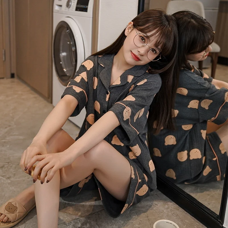 summer cardigan pure cotton short sleeved two-piece and lovely cartoon women's home clothes can be worn outside