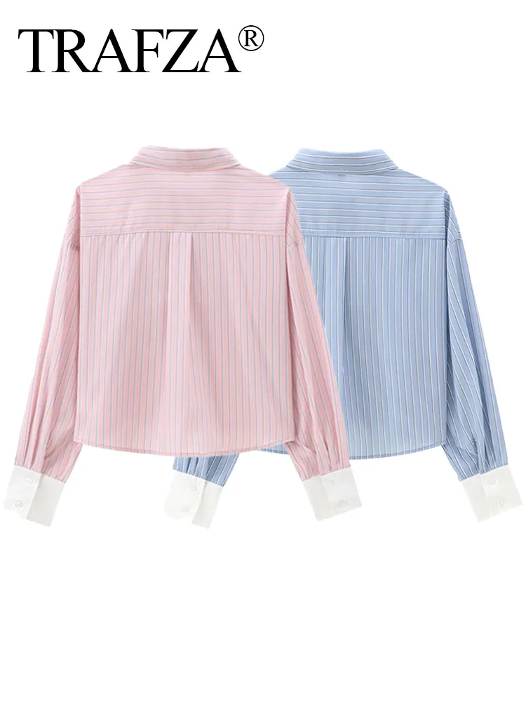 TRAFZA 2024 Female Casual Shirts Solid Stripe Turn-Down Collar Long Sleeve Pocket Single Breasted Autumn Blouses Woman Trendy