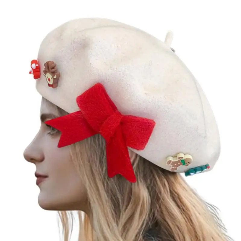 Christmas Beret Fashion Painter Hat Women Winter French Beret Hat with Bow Santa Wool Painter Hats Beanies Hats for Girls