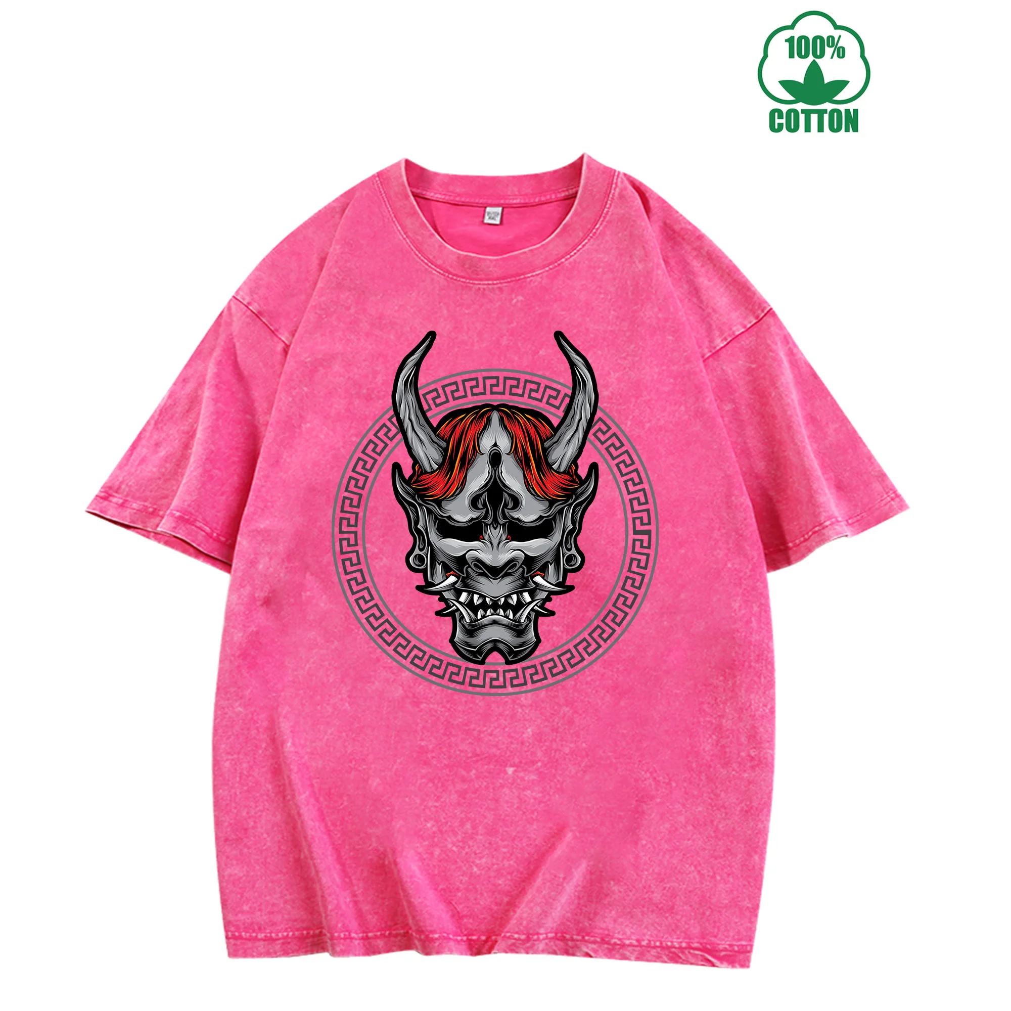 تي شيرت Death God Mask Vintage Washed 230 جرام 100% قطن مريح كبير الحجم ملابس الشارع للجنسين