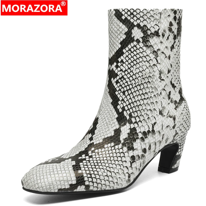 

MORAZORA/Новые ботинки из натуральной кожи размера плюс 34–42, женские ботильоны на высоком каблуке с молнией, осень-зима, женская обувь для вечеринок со змеей