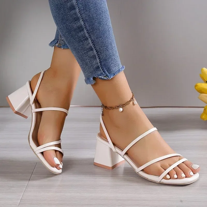 

Women Sandals Ladies Square Heels Elegant Summer Slippers Outside Cross Tied Leather Female Slides 2025 Fashion Woman Sandals