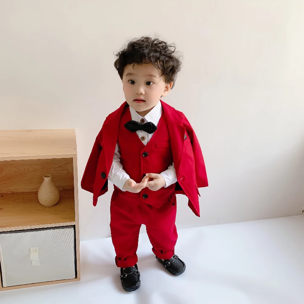 Suits for Boy Solid 3 Piece Set Formal One Button Notch Lapel Outfits Slim High Quality Fashion Child Suit (Blazer+Vest+Pants)