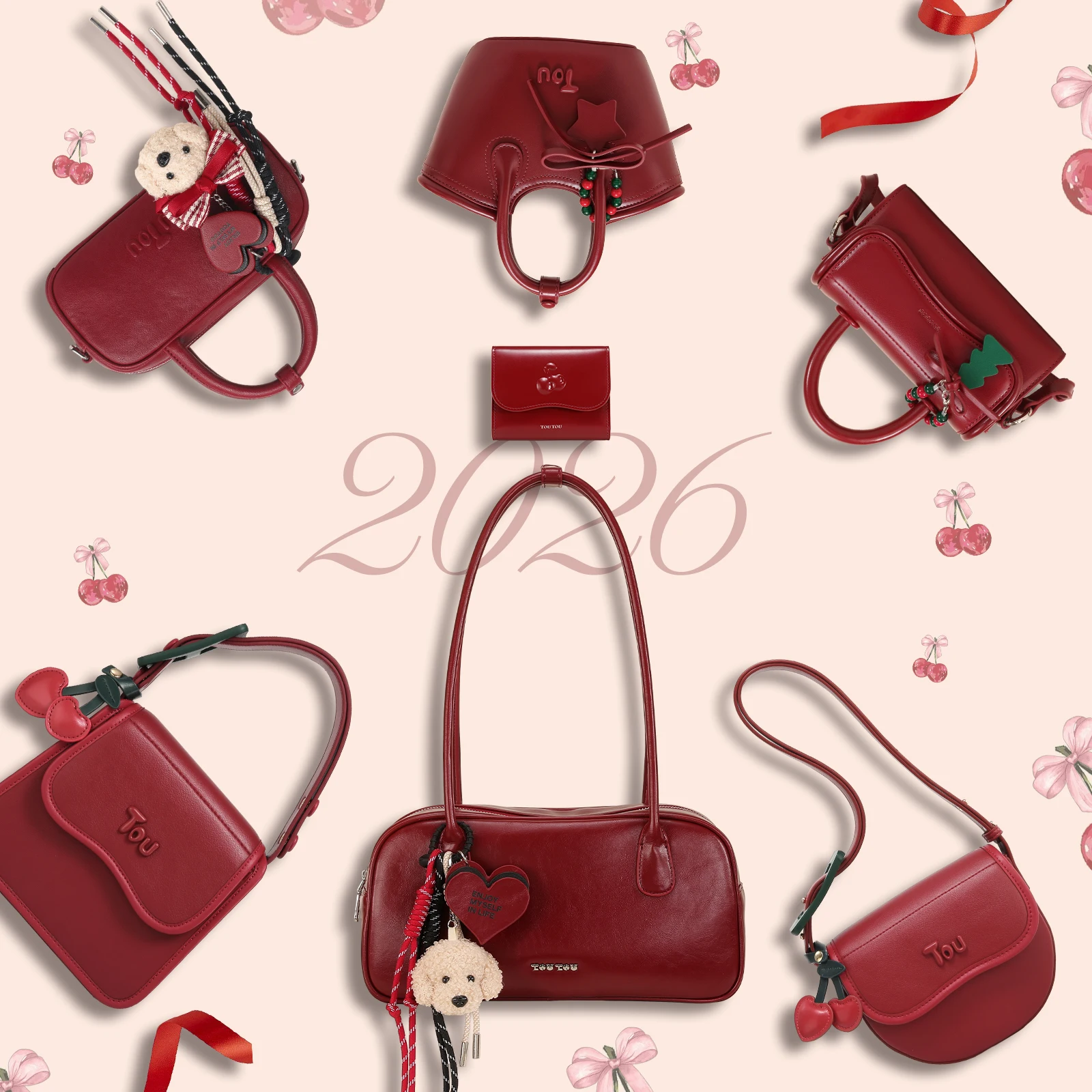 toutou red pu leather shoulder bag solid color large capacit red bowling bag boston bag gift for girlfriend korean popular bag