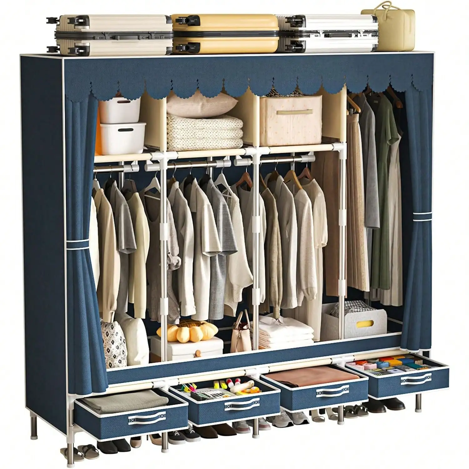 

Portable Wardrobe 4 Drawers and 3 She, 67 Inch Large Capacity standing Wardrobe Hanging anizer Lid for Bedroom, Blue