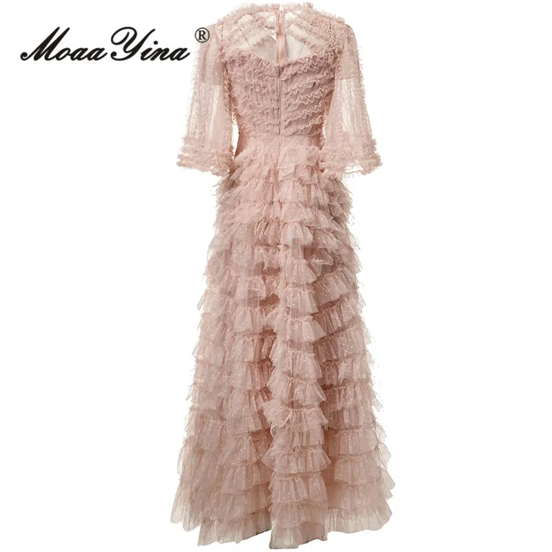 MoaaYina 2025 Summer New Bead+Glitter Mesh Ball Dress Round Neck Short Sleeve Layered Ruffle and Floor S-4XL Dress
