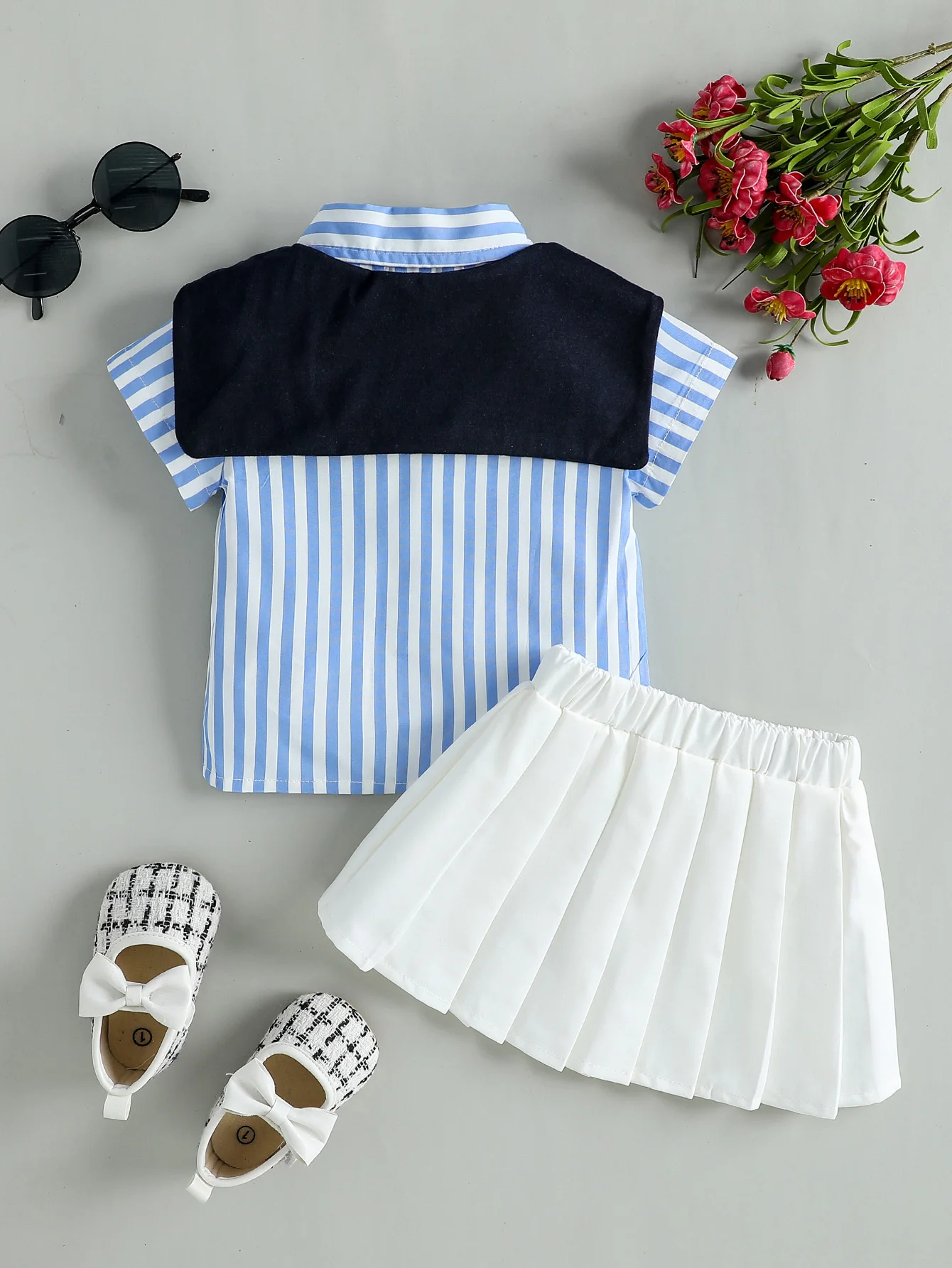 2025 Summer New Striped Shirt, Shawl and Solid Pleated Skirt Casual Three-Piece Set