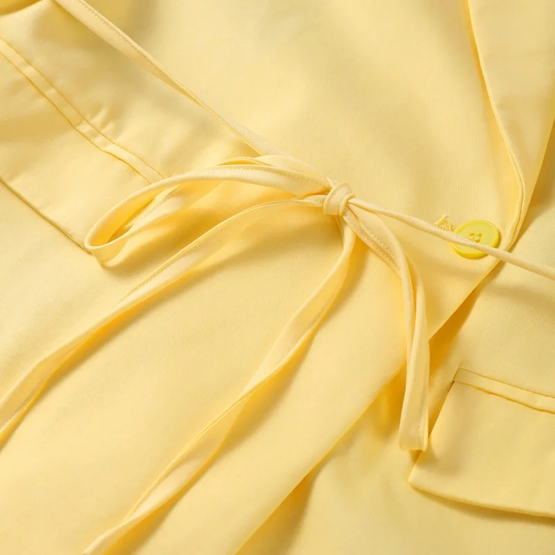 Giacca doppiopetto a maniche lunghe con cintura con volant giallo da donna, cappotto da ufficio casual con coulisse in vita, abbigliamento da lavoro alla moda