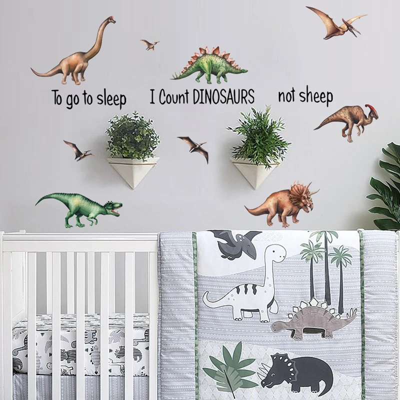 Cartoon Funny Animal Dino Vinyl Wall Decals 'Go to Sleep Count Dinosaur Not Sheep' Quotes Stickers Home Decoration for Kids Room