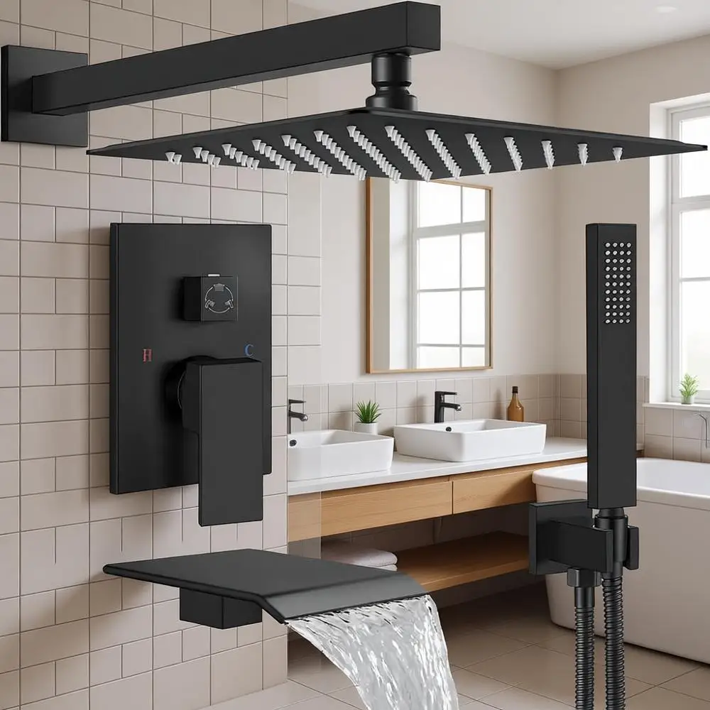 Rain Shower System with Tub Spout, Tub Shower Faucet Set with Rainfall Shower and Handheld Spray, Wall Mount Tub Shower Combo Ro