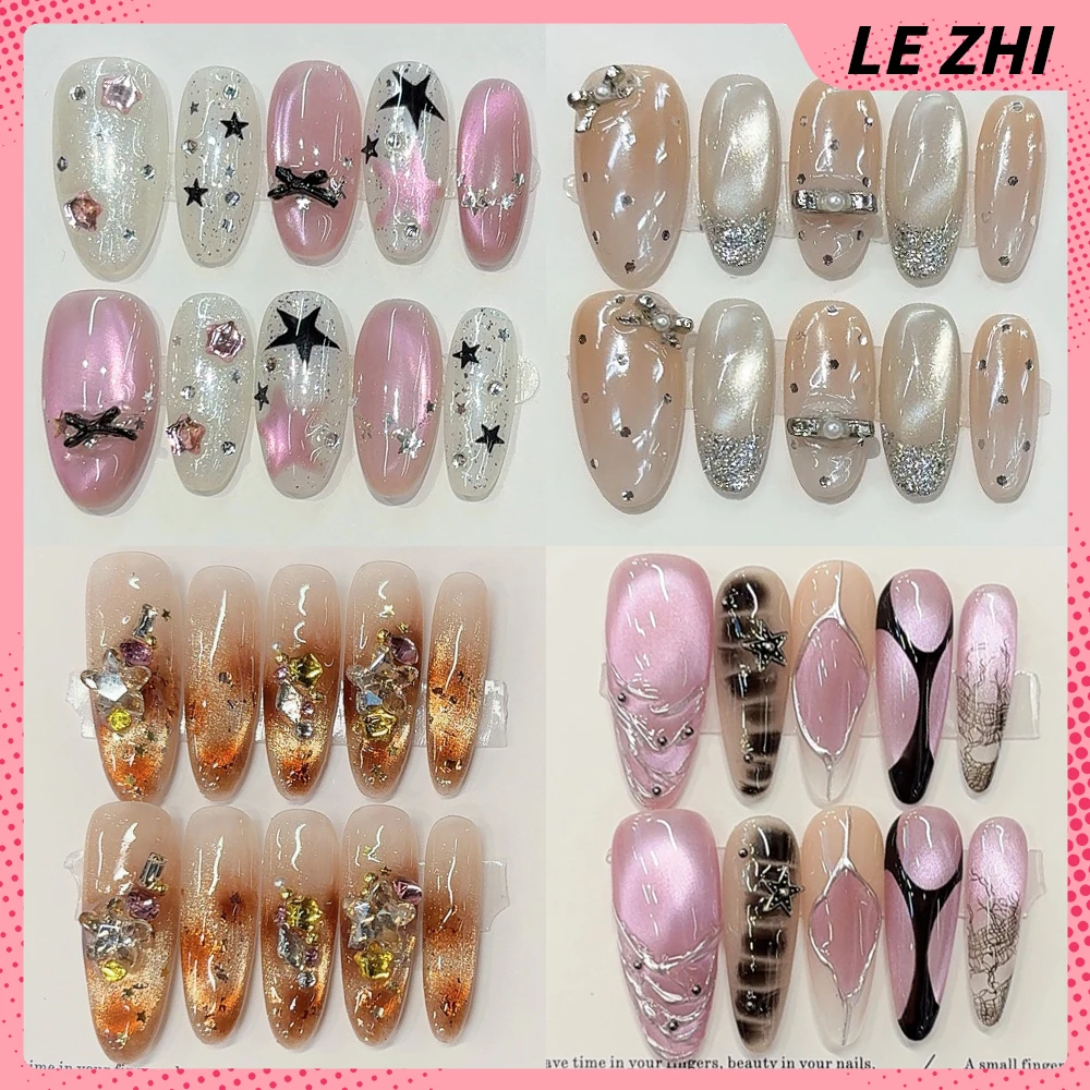 

Beautiful Gentle Hello Kitty Cat Eyes Handmade Long Ellipse Press On Nail Shining Diamond Bowknot Pearl Flower French False Nail