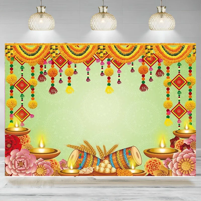 Indian Diwali Backdrop Green Pooja Flowers Festival Photography Background Wedding Birthday Bridal Shower Decoration Banner