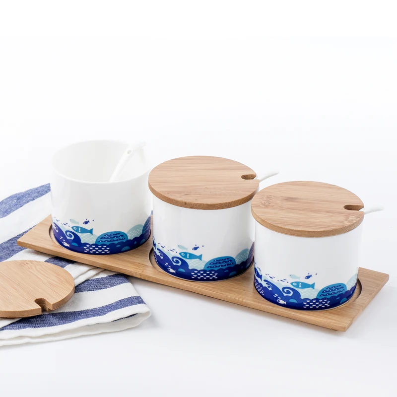 new 3pcs Set, Fine Bone China Spice Container with Lid and Spoon, Kitchen Spices Storage Box, Porcelain Organizer, Rack