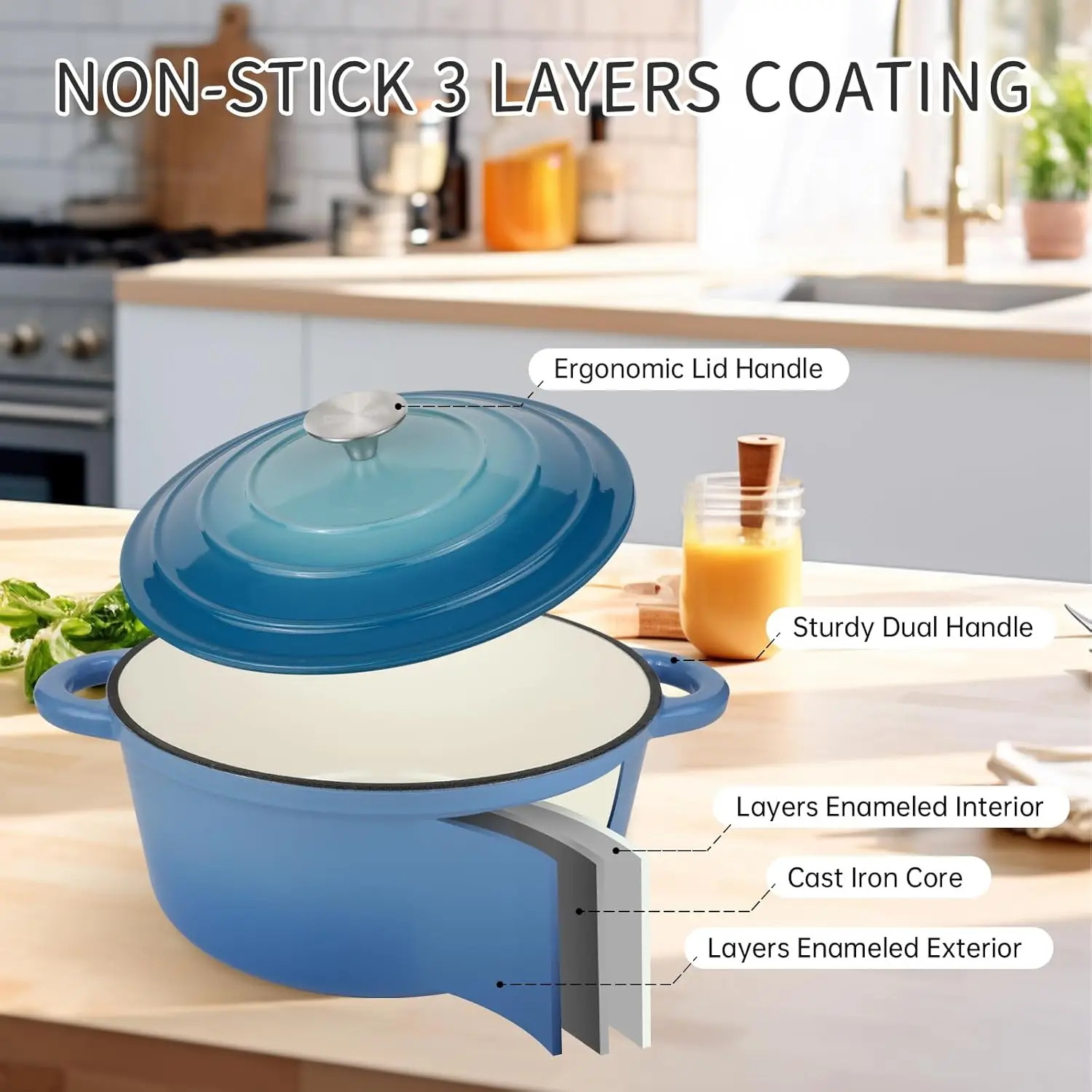 6 Quart Enameled Cast Iron Dutch Oven Pot with Lid and Silicone Accessories, Oven Safe up to 500°F or on Stovetop, Non-stick Dut