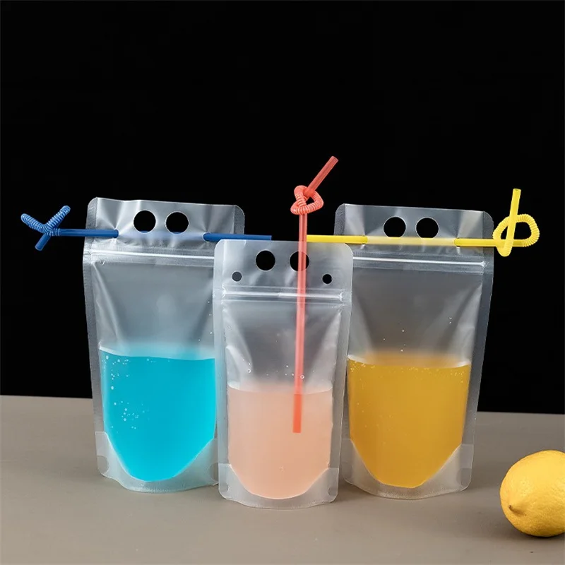 Hand-Held Drink Bags Plastic Zipper Pouches Translucent Frosted Reclosable Stand-up Bag Bottom Gusset Portable and clean