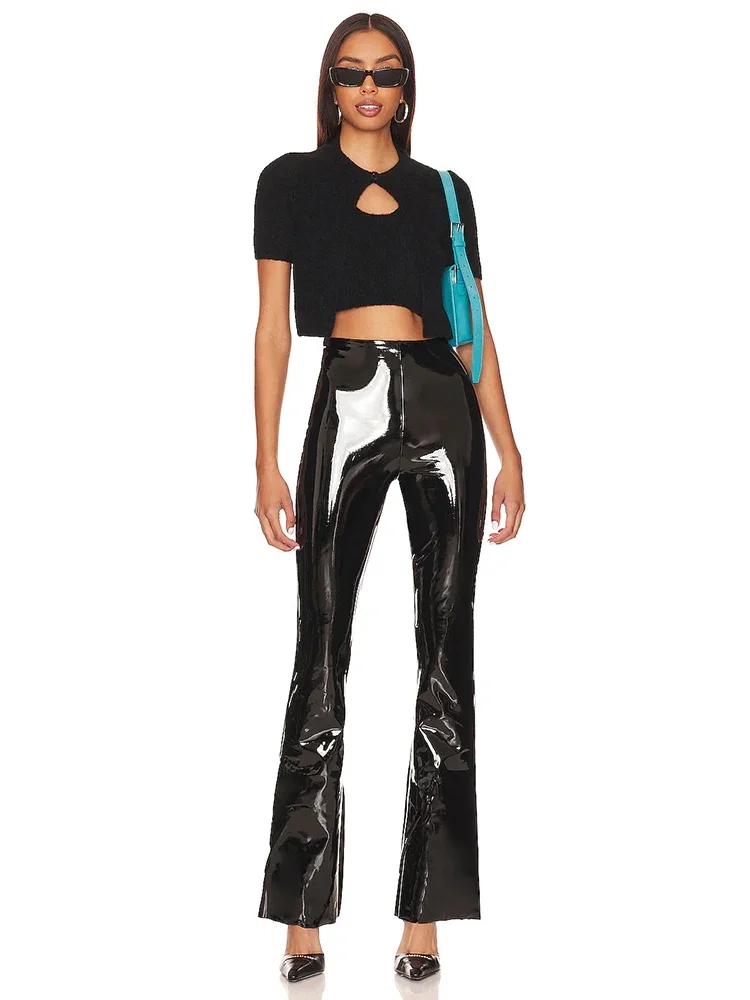 Women Faux Latex High Waist Flare Pants Vintage Shiny Patent Leather Bell-bottom Trousers Office Lady PVC Flare Leggings Custom