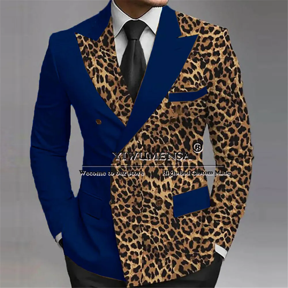 Leopard Splicing Wedding Tuxedo Bespoke Groom Wear Peaked Lapel Prom Male Birthday Party Jacket Black Pants 2 Pieces Suits Men