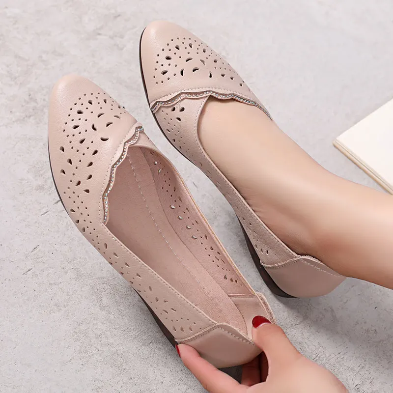 GKTINOO Breathable Genuine Leather Summer Shoes Woman 2024 Flat Low Heel Mother Hollow Out Leather Slip On Shoes For Women Soft