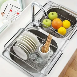 1pc Retractable Sink Drain Rack Sink Dish Drain Rack Expandable  Adjustable Vegetable Fruit Washing Basket Kitchen Accessories