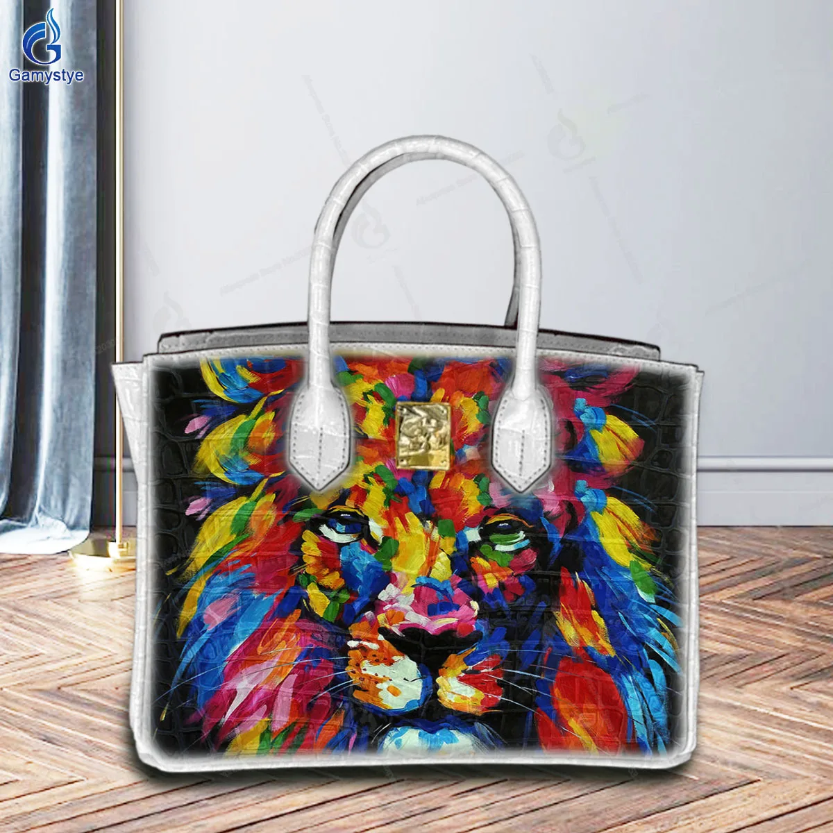 Art Hand-Painting Colorful Lion Customize Totes Ladies Tote Handbag Messenger Shoulder Bag For women Cowhide Togo Leather Travel