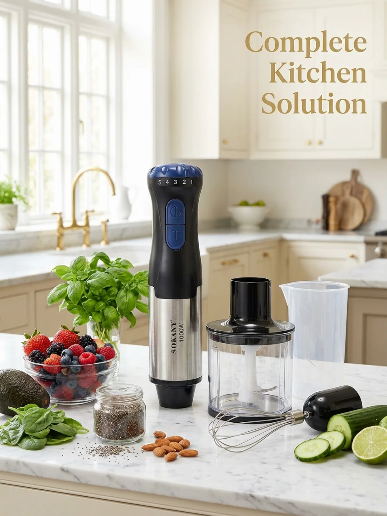 SOKANY 1711 4‑in‑1 Hand Blender Set 1000W 5‑Speed Immersion Blender with Chopper Whisk Measuring Cup for Kitchen Food Mixer