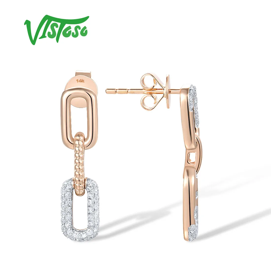 VISTOSO Authentic 14K 585 Rose Gold Stud Earrings For Women Sparkling Diamonds Dangling Rectangle Modern Fine Chic Jewelry