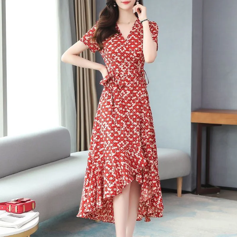 2023 New Summer Elegant and Fashionable V-neck Fashion Printed Belt Slim Fit and Irregular Belly Covering Women's Dress