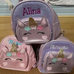 Bolsa de PU bordada con dibujos animados para niños, al aire libre para aperitivos ligera bolsa de viaje, bolsa de unicornio, bolsa de regalo personalizada con nombre