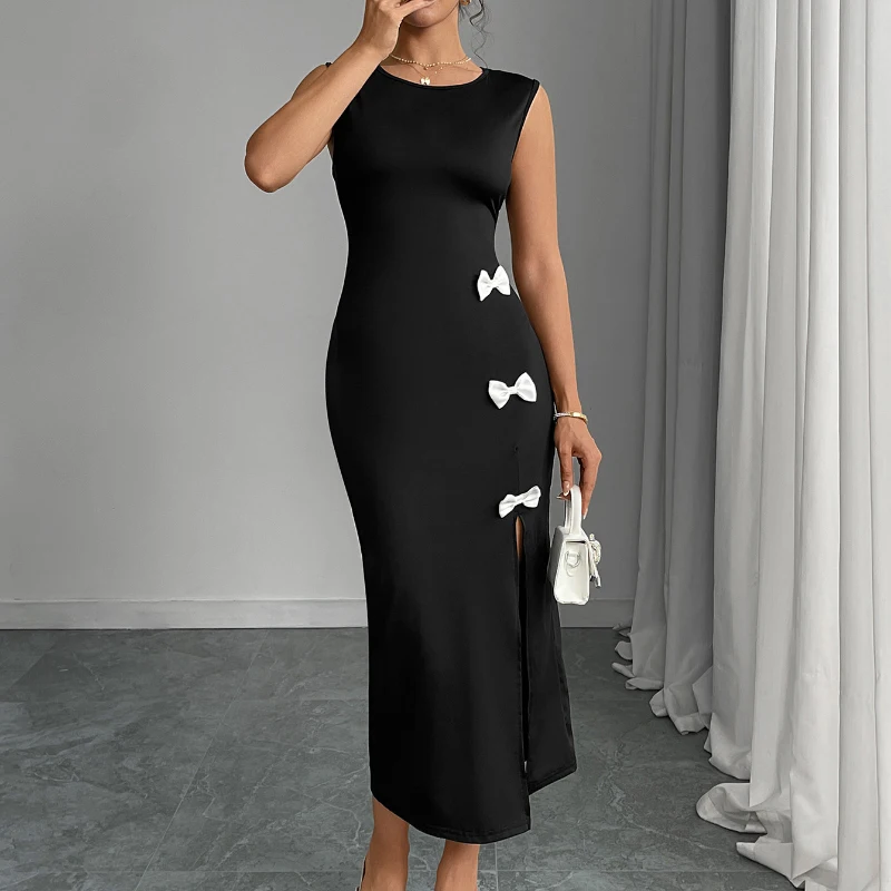 Chinese Style O-Neck Split Dress Bow Elegant Slim Ankle-Length Dresses 2026 Spring Summer Casual Sleeveless Sheath Dress Women