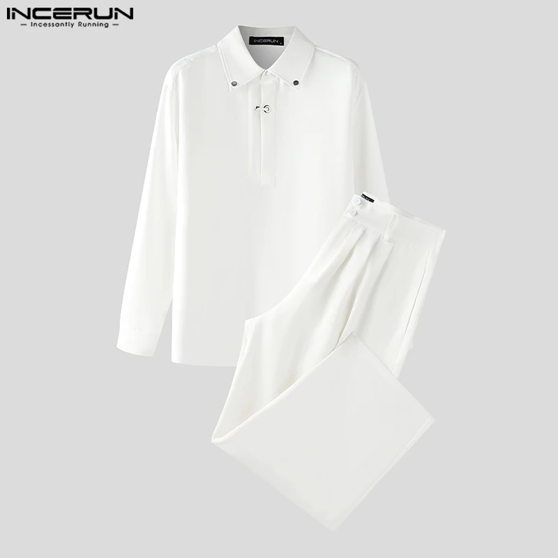 

INCERUN Men Sets Solid Color Korean Style Loose Lapel Long Sleeve Shirt & Pants 2PCS Streetwear 2025 Fashion Casual Men's Suits